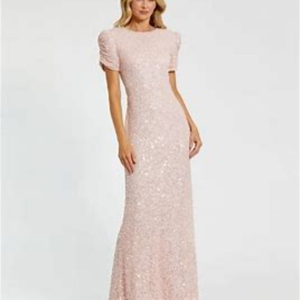 Mac Duggal NWT Blush Pink Beaded Gathered Sleeve Maxi Gown Dress Size 14…